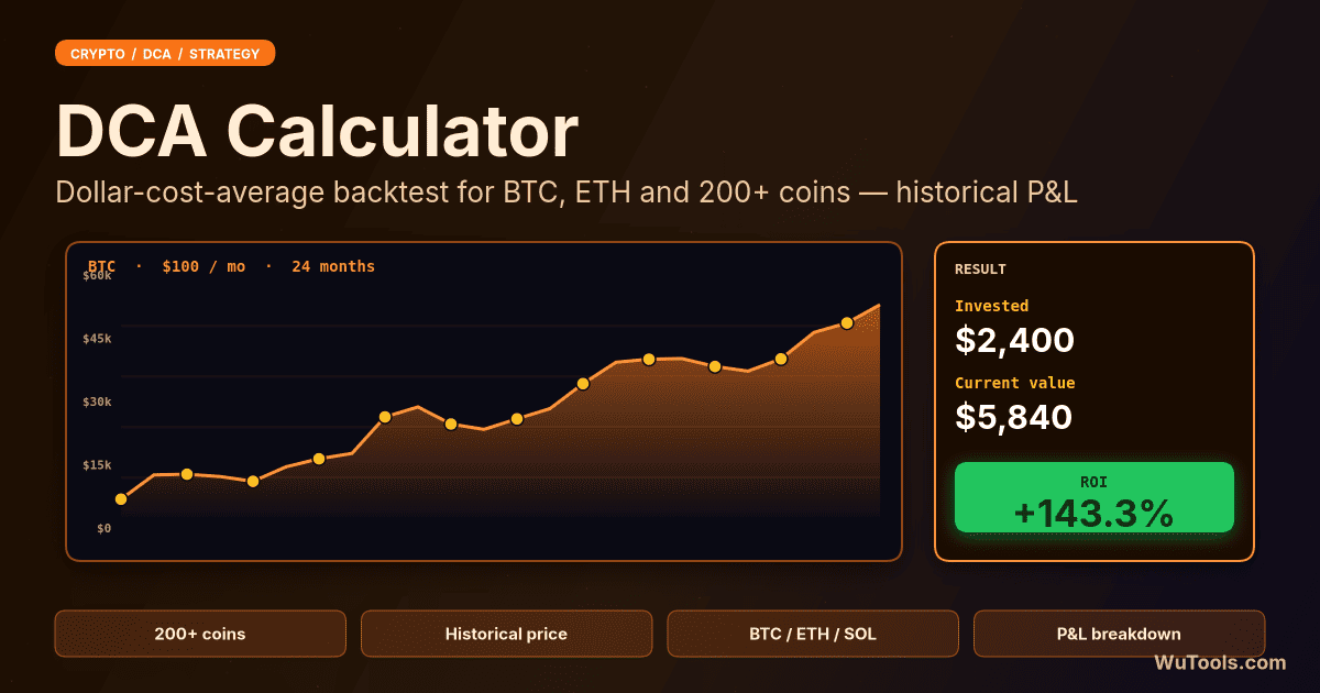 DCA Calculator — Simulate Dollar Cost Averaging for crypto investments. Compare DCA vs lump sum strategy with charts, average cost, ROI,
