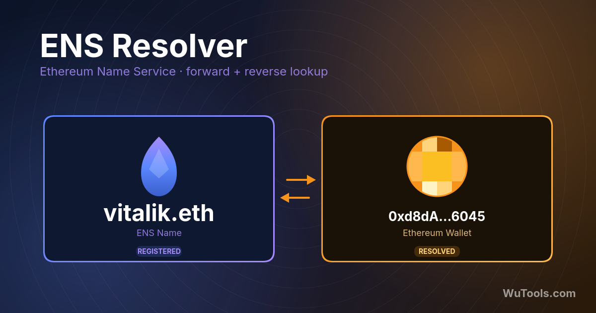 Résolveur ENS — Résolvez les domaines ENS vers adresses Ethereum ou recherche inverse adresse vers nom ENS principal. Gratuit, instantan