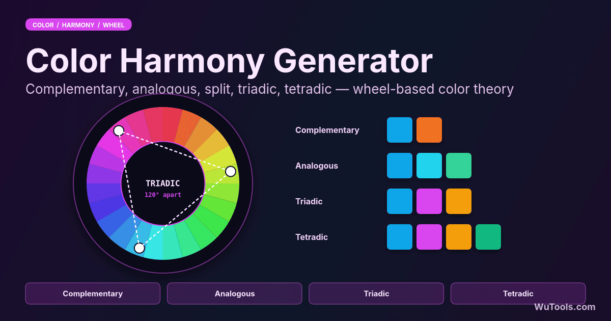 Color Harmony Generator — Generate complementary, analogous, triadic, tetradic, split-complementary and square color harmonies from any HEX. Expor