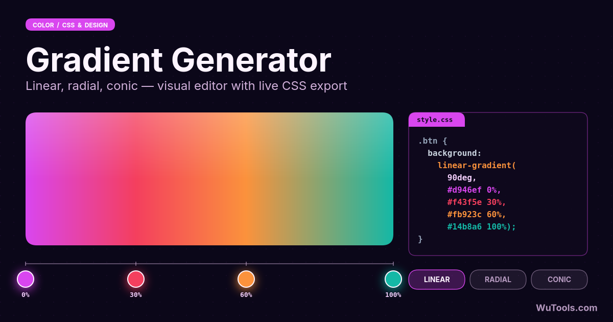Générateur de Dégradés — Générateur de dégradés CSS gratuit. Créez de magnifiques dégradés linéaires et radiaux avec plusieurs couleurs. Aperçu e