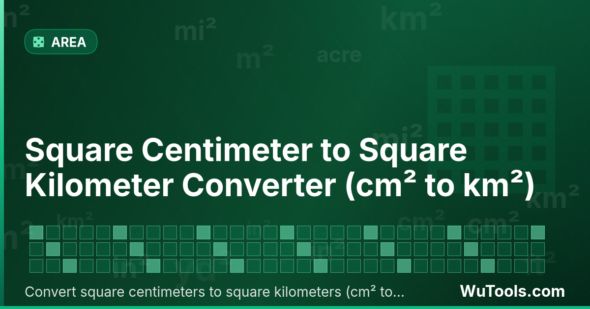 Conversor de Centímetro Quadrado para Quilômetro Quadrado — Converta centímetros quadrados para quilômetros quadrados grátis. 1 cm² = 0 km². Conversor preciso com fórmula, exemplos
