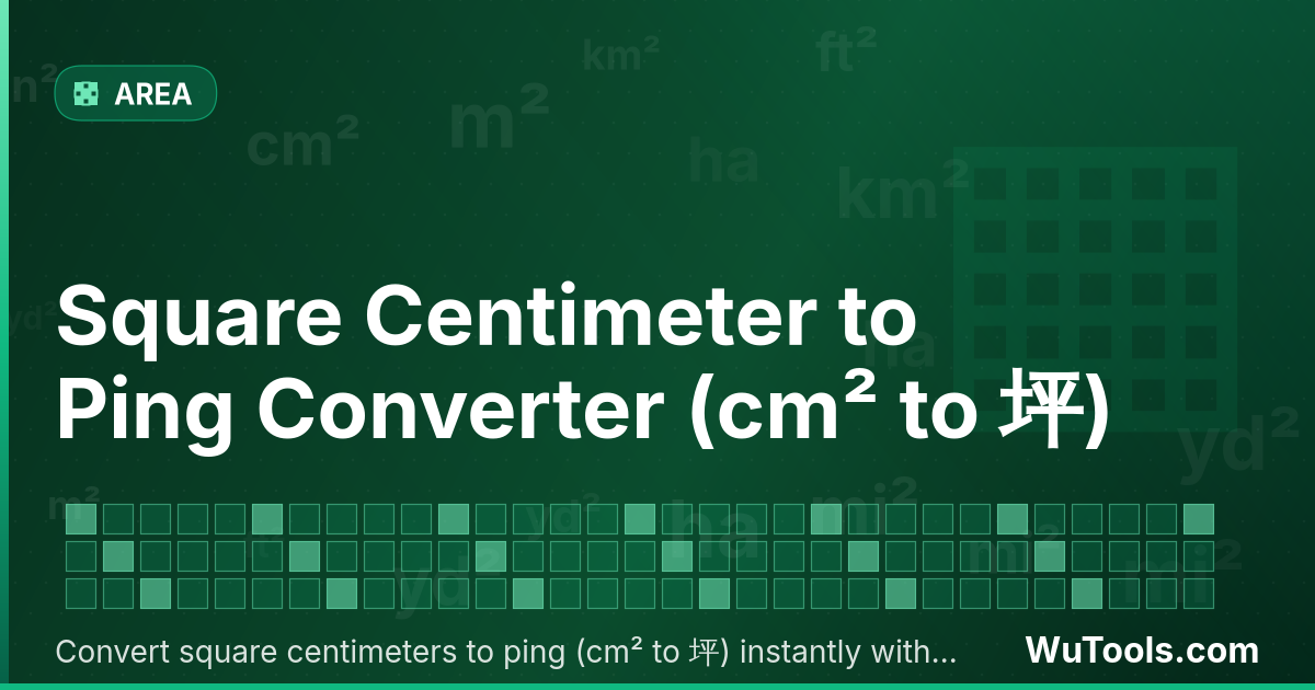 Convertisseur de Centimètre Carré vers Ping — Convertir centimètres carrés vers ping gratuitement. 1 cm² = 0.00003025 坪. Convertisseur précis avec formule, exemples e