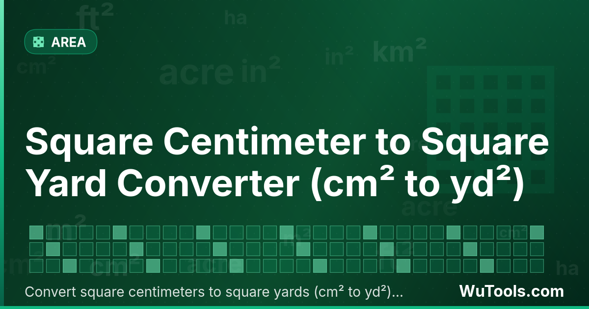 Convertisseur de Centimètre Carré vers Yard Carré — Convertir centimètres carrés vers yards carrés gratuitement. 1 cm² = 0.0001196 yd². Convertisseur précis avec formule, e