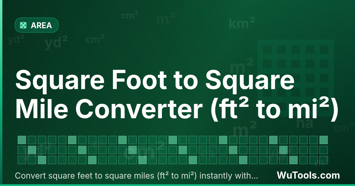 Conversor de Pé Quadrado para Milha Quadrada — Converta pés quadrados para milhas quadradas grátis. 1 ft² = 4e-8 mi². Conversor preciso com fórmula, exemplos e tabela