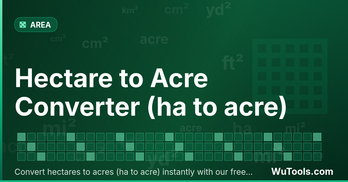 Convertisseur de Hectare vers Acre — Convertir hectares vers acres gratuitement. 1 ha = 2.47105381 acre. Convertisseur précis avec formule, exemples et table