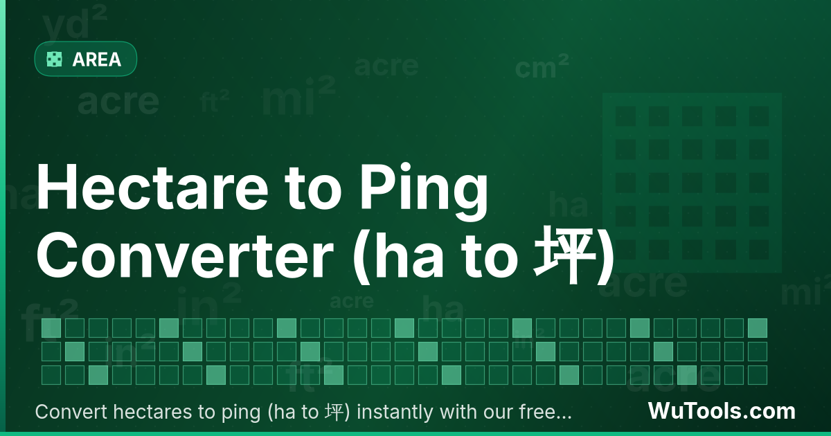 Convertisseur de Hectare vers Ping — Convertissez les hectares en ping (坪) instantanément. 1 ha = 3024,99 ping avec l'unité Taïwan/Japon. Calculatrice ha → 坪