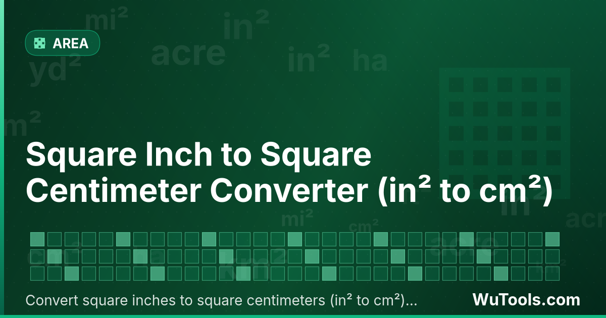Conversor de Polegada Quadrada para Centímetro Quadrado — Converta polegadas quadradas para centímetros quadrados grátis. 1 in² = 6.4516 cm². Conversor preciso com fórmula, exemp