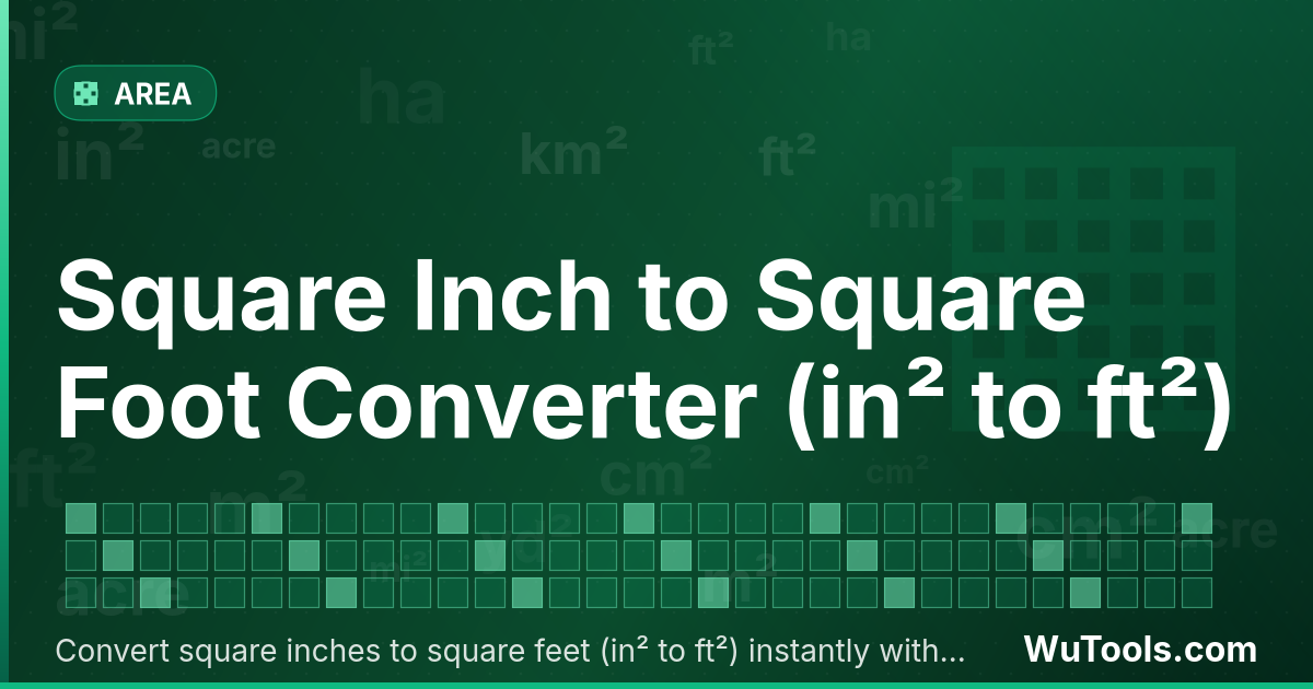 Conversor de Polegada Quadrada para Pé Quadrado — Converta polegadas quadradas para pés quadrados grátis. 1 in² = 0.00694444 ft². Conversor preciso com fórmula, exemplos