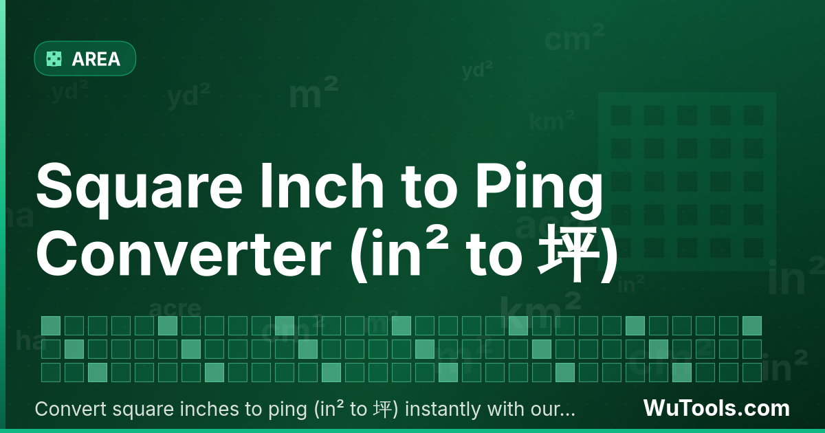 Conversor de Polegada Quadrada para Ping — Converta polegadas quadradas para ping grátis. 1 in² = 0.00019516 坪. Conversor preciso com fórmula, exemplos e tabela de