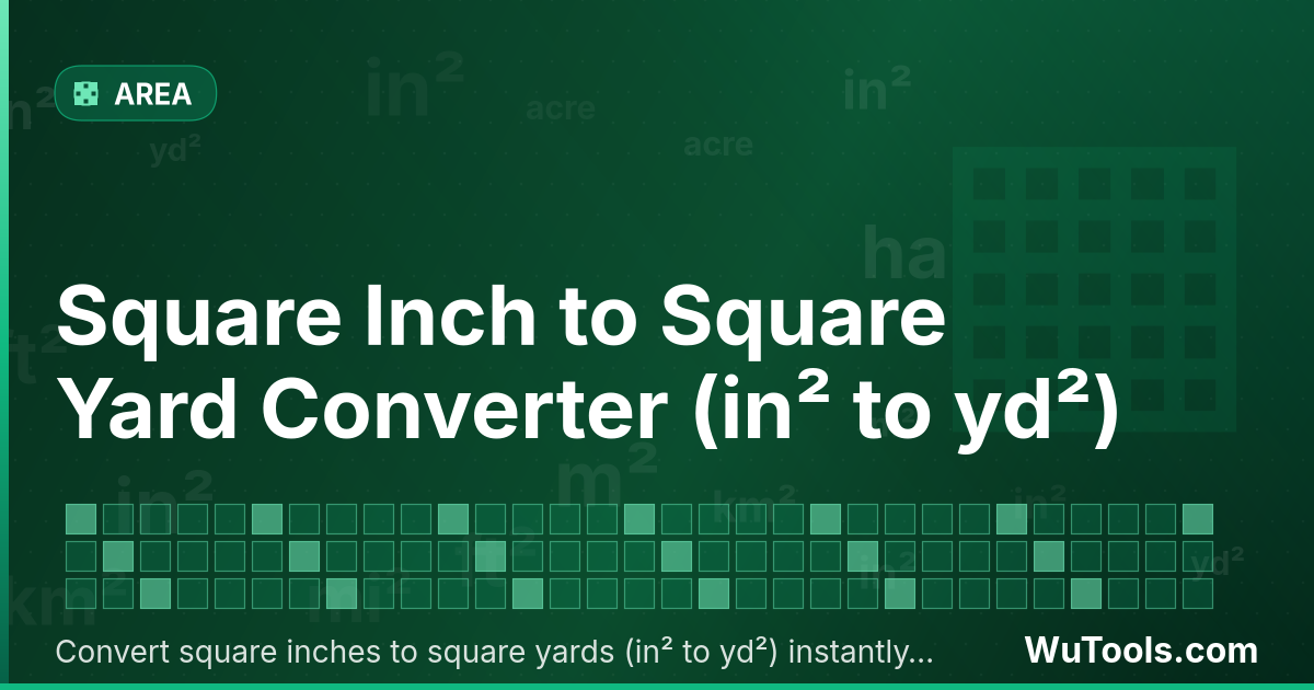 Conversor de Polegada Quadrada para Jarda Quadrada — Converta polegadas quadradas para jardas quadradas grátis. 1 in² = 0.0007716 yd². Conversor preciso com fórmula, exemplo
