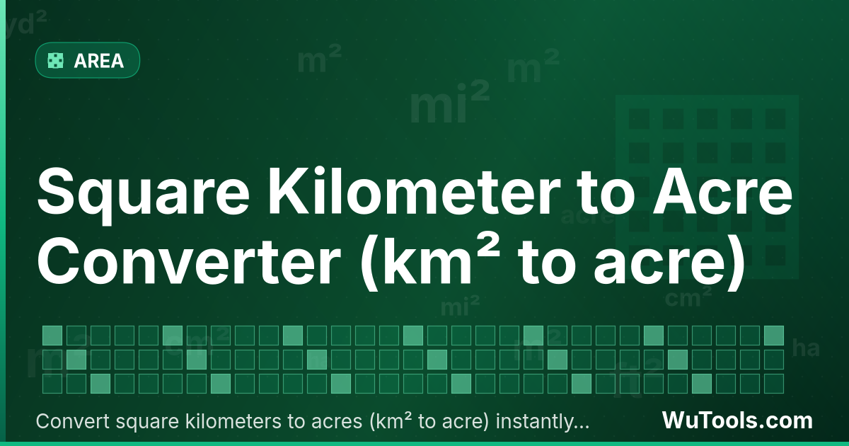 Convertisseur de Kilomètre Carré vers Acre — Convertir kilomètres carrés vers acres gratuitement. 1 km² = 247.10538147 acre. Convertisseur précis avec formule, exemp