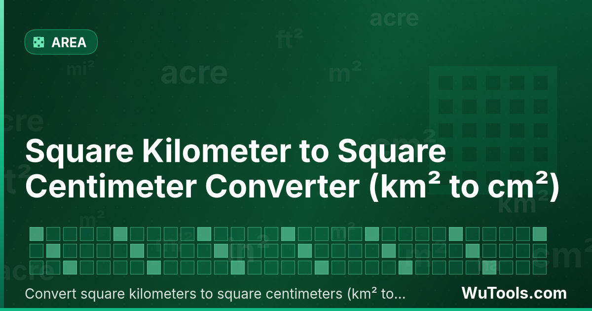 Conversor de Quilômetro Quadrado para Centímetro Quadrado — Converta quilômetros quadrados para centímetros quadrados grátis. 1 km² = 10,000,000,000 cm². Conversor preciso com fórm