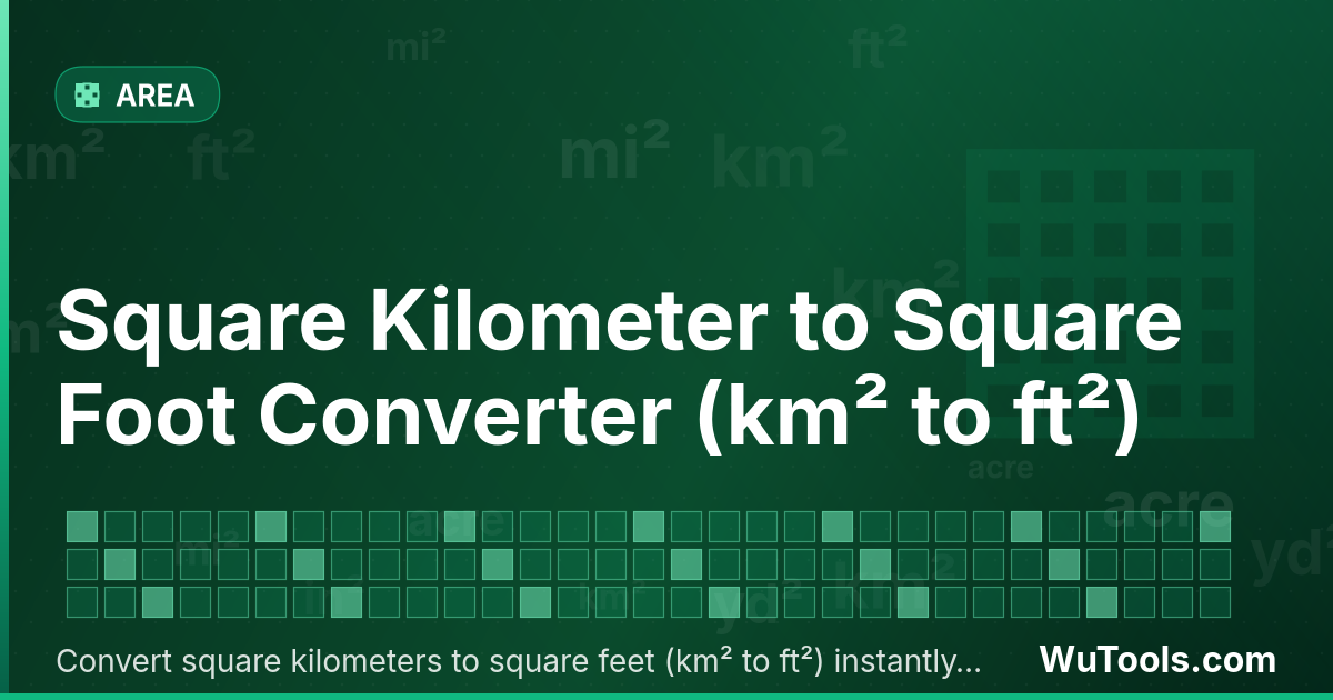 Convertisseur de Kilomètre Carré vers Pied Carré — Convertir kilomètres carrés vers pieds carrés gratuitement. 1 km² = 10,763,910.417 ft². Convertisseur précis avec formul