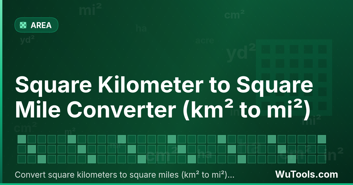 Conversor de Quilômetro Quadrado para Milha Quadrada — Converta quilômetros quadrados para milhas quadradas grátis. 1 km² = 0.38610216 mi². Conversor preciso com fórmula, exem