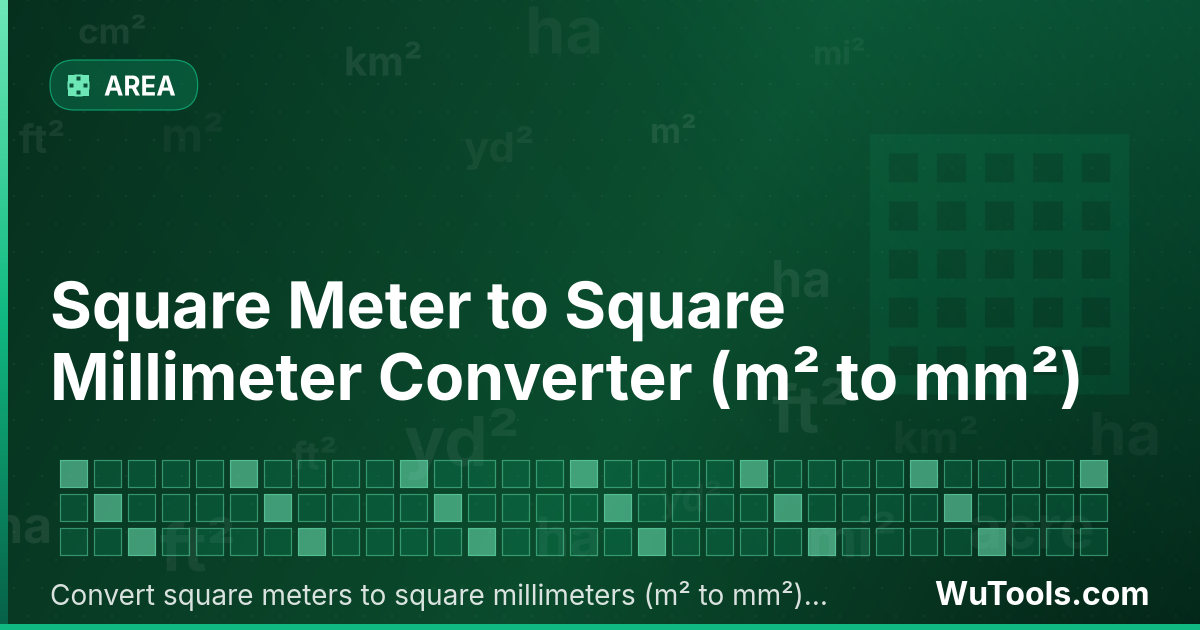 Conversor de Metro Quadrado para Milímetro Quadrado — Converta metros quadrados para milímetros quadrados grátis. 1 m² = 1,000,000 mm². Conversor preciso com fórmula, exemplo