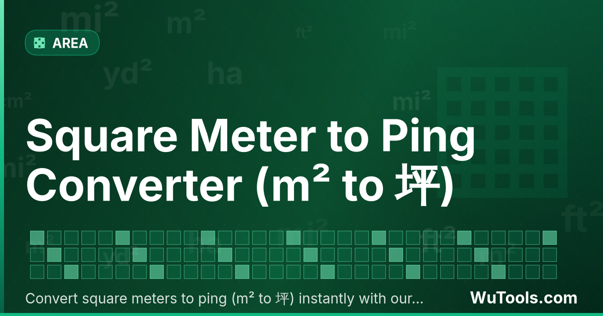 Conversor de Metro Quadrado para Ping — Converta metros quadrados para ping grátis. 1 m² = 0.30249955 坪. Conversor preciso com fórmula, exemplos e tabela de con