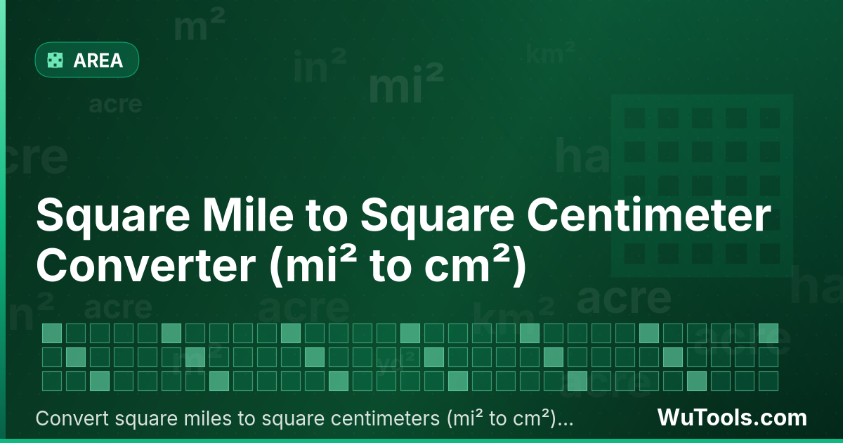Convertisseur de Mile Carré vers Centimètre Carré — Convertir miles carrés vers centimètres carrés gratuitement. 1 mi² = 25,899,881,103.36 cm². Convertisseur précis avec fo