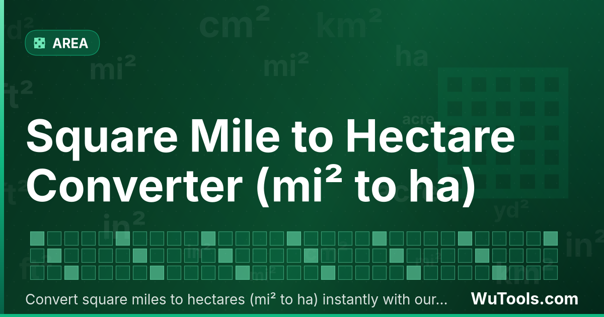 Conversor de Milha Quadrada para Hectare — Converta milhas quadradas para hectares grátis. 1 mi² = 258.99881103 ha. Conversor preciso com fórmula, exemplos e tabel