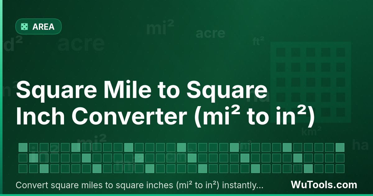 Conversor de Milha Quadrada para Polegada Quadrada — Converta milhas quadradas para polegadas quadradas grátis. 1 mi² = 4,014,489,600 in². Conversor preciso com fórmula, exe