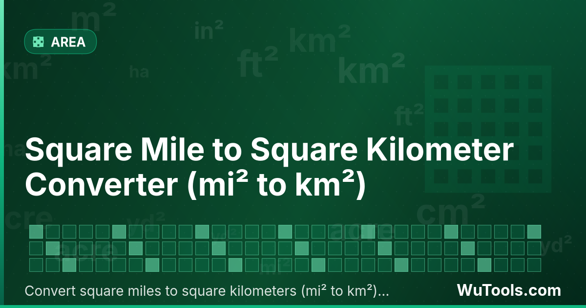 Conversor de Milha Quadrada para Quilômetro Quadrado — Converta milhas quadradas para quilômetros quadrados grátis. 1 mi² = 2.58998811 km². Conversor preciso com fórmula, exem