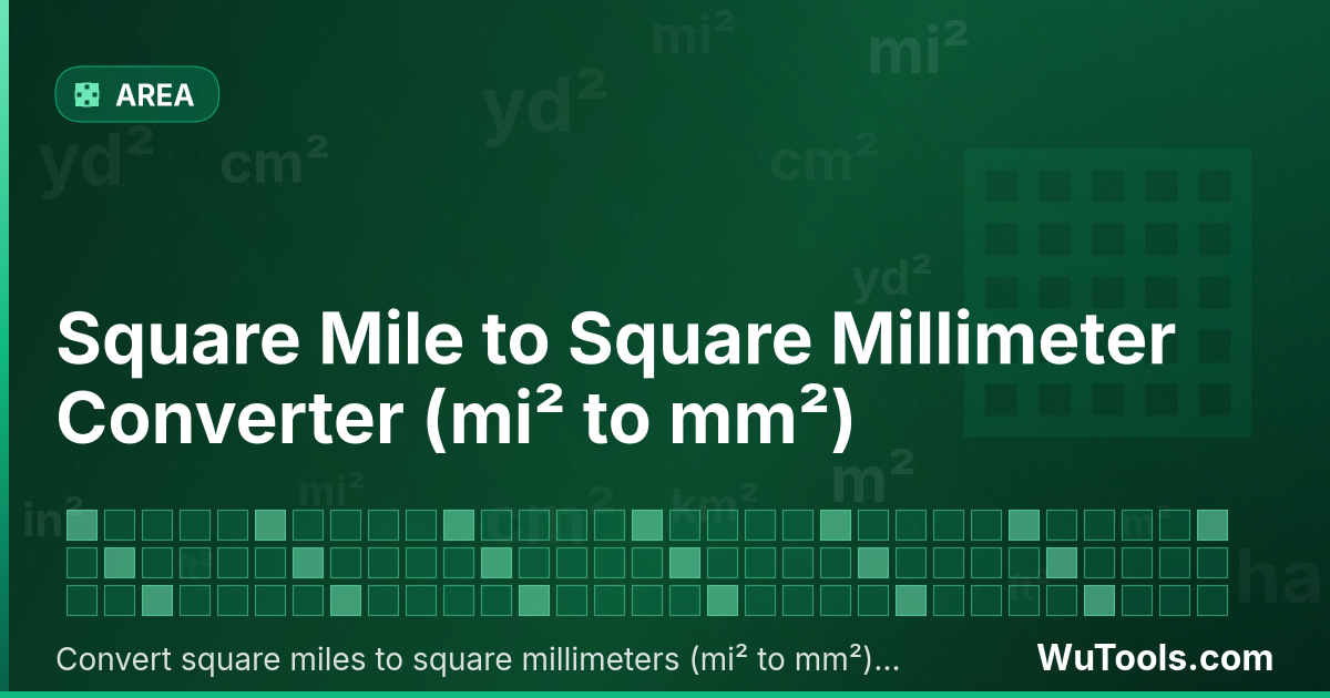 Convertisseur de Mile Carré vers Millimètre Carré — Convertir miles carrés vers millimètres carrés gratuitement. 1 mi² = 2,589,988,110,336 mm². Convertisseur précis avec fo