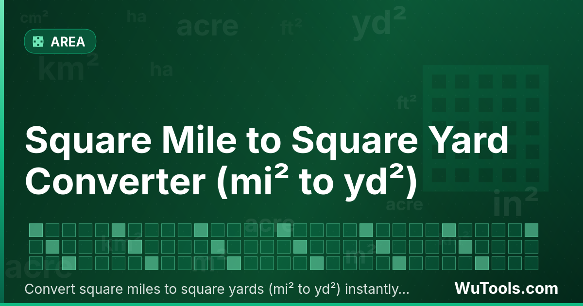 Convertisseur de Mile Carré vers Yard Carré — Convertir miles carrés vers yards carrés gratuitement. 1 mi² = 3,097,600 yd². Convertisseur précis avec formule, exemple