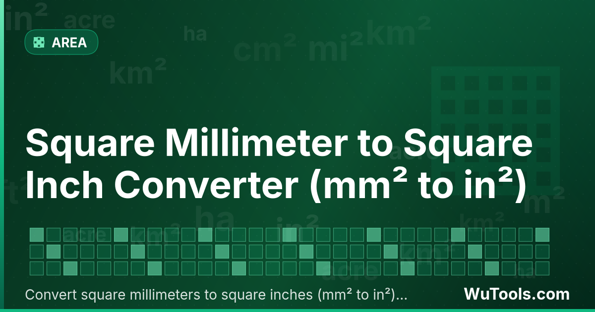 Convertisseur de Millimètre Carré vers Pouce Carré — Convertir millimètres carrés vers pouces carrés gratuitement. 1 mm² = 0.00155 in². Convertisseur précis avec formule, ex