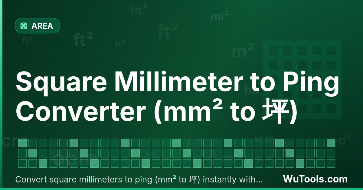 Convertisseur de Millimètre Carré vers Ping — Convertir millimètres carrés vers ping gratuitement. 1 mm² = 3e-7 坪. Convertisseur précis avec formule, exemples et tabl