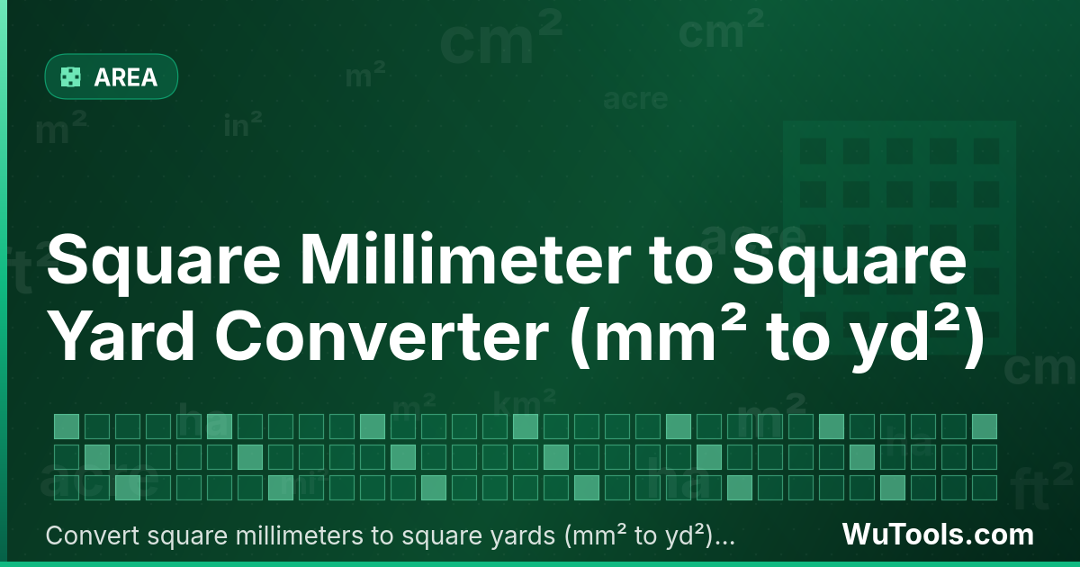 Conversor de Milímetro Quadrado para Jarda Quadrada — Converta milímetros quadrados para jardas quadradas grátis. 1 mm² = 0.0000012 yd². Conversor preciso com fórmula, exempl