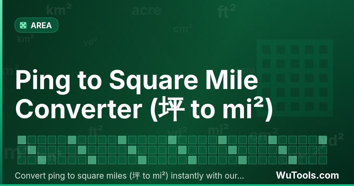 Convertisseur de Ping vers Mile Carré — Convertir ping vers miles carrés gratuitement. 1 坪 = 0.00000128 mi². Convertisseur précis avec formule, exemples et tabl