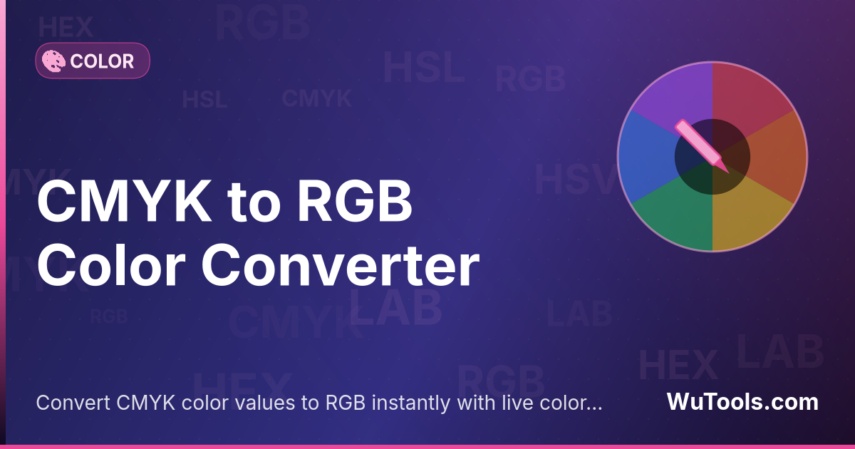 CMYK to RGB Converter — Convert CMYK color values to RGB instantly with live color preview. Free online CMYK to RGB converter tool for web desig