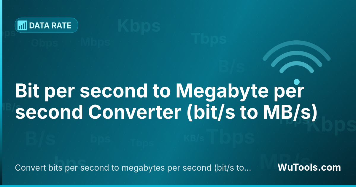 Conversor de Bit por segundo para Megabyte por segundo — Converta bits por segundo para megabytes por segundo grátis. 1 bit/s = 1.25e-7 MB/s. Conversor preciso com fórmula, exem