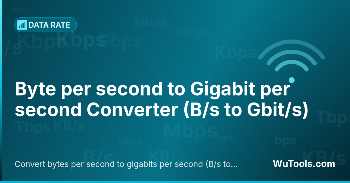 Conversor de Byte por segundo para Gigabit por segundo — Converta bytes por segundo para gigabits por segundo grátis. 1 B/s = 8e-9 Gbit/s. Conversor preciso com fórmula, exemplo