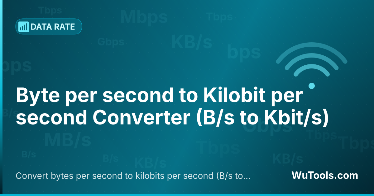 Conversor de Byte por segundo para Kilobit por segundo — Converta bytes por segundo para kilobits por segundo grátis. 1 B/s = 0.008 Kbit/s. Conversor preciso com fórmula, exempl