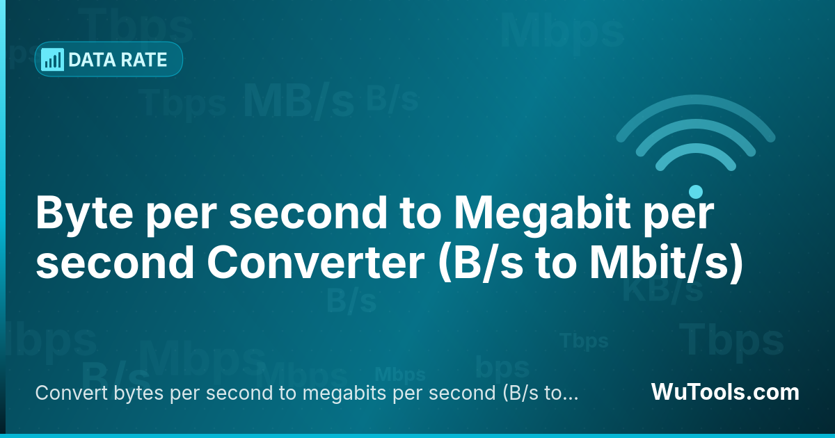 Conversor de Byte por segundo para Megabit por segundo — Converta bytes por segundo para megabits por segundo grátis. 1 B/s = 0.000008 Mbit/s. Conversor preciso com fórmula, exe