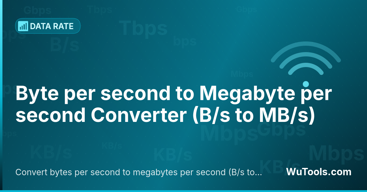Conversor de Byte por segundo para Megabyte por segundo — Converta bytes por segundo para megabytes por segundo grátis. 1 B/s = 0.000001 MB/s. Conversor preciso com fórmula, exem
