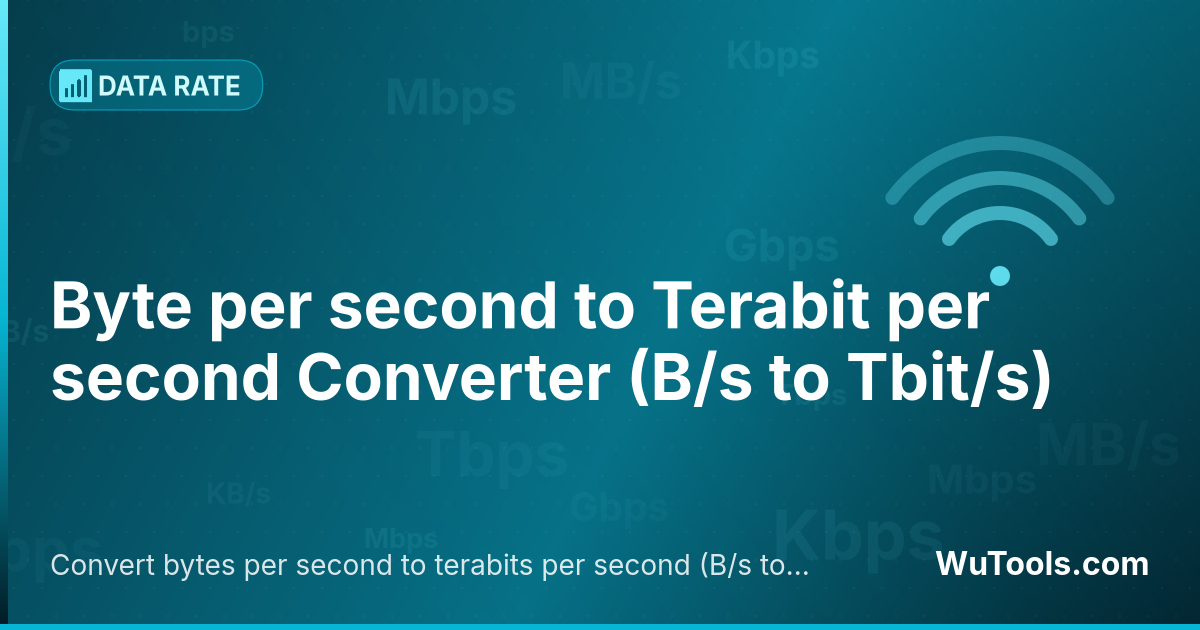 Conversor de Byte por segundo para Terabit por segundo — Converta bytes por segundo para terabits por segundo grátis. 1 B/s = 8e-12 Tbit/s. Conversor preciso com fórmula, exempl