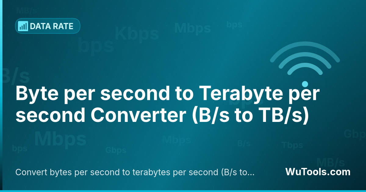 Conversor de Byte por segundo para Terabyte por segundo — Converta bytes por segundo para terabytes por segundo grátis. 1 B/s = 1e-12 TB/s. Conversor preciso com fórmula, exemplo