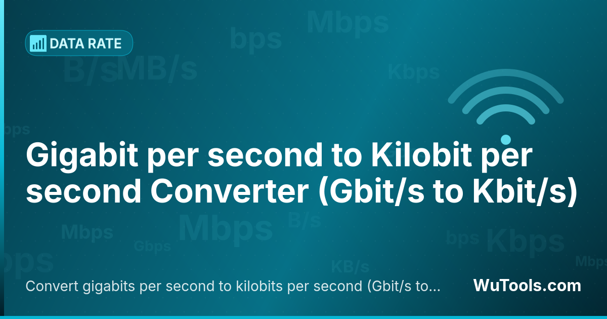 Conversor de Gigabit por segundo para Kilobit por segundo — Converta gigabits por segundo para kilobits por segundo grátis. 1 Gbit/s = 1,000,000 Kbit/s. Conversor preciso com fórmu