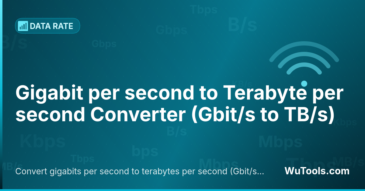 Conversor de Gigabit por segundo para Terabyte por segundo — Converta gigabits por segundo para terabytes por segundo grátis. 1 Gbit/s = 0.000125 TB/s. Conversor preciso com fórmula