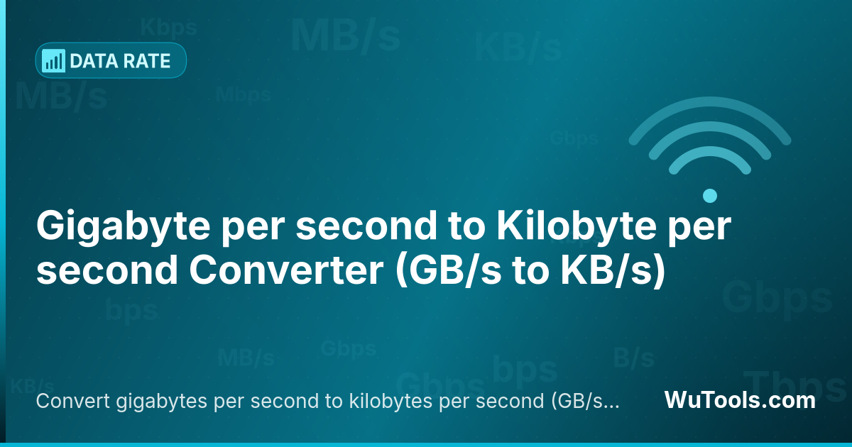 Conversor de Gigabyte por segundo para Kilobyte por segundo — Converta gigabytes por segundo para kilobytes por segundo grátis. 1 GB/s = 1,000,000 KB/s. Conversor preciso com fórmula