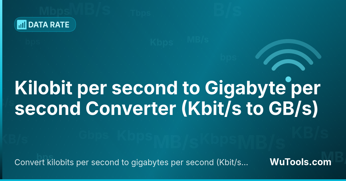Conversor de Kilobit por segundo para Gigabyte por segundo — Converta kilobits por segundo para gigabytes por segundo grátis. 1 Kbit/s = 1.25e-7 GB/s. Conversor preciso com fórmula,
