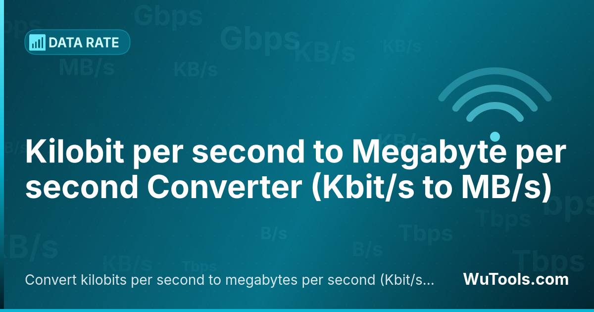 Conversor de Kilobit por segundo para Megabyte por segundo — Converta kilobits por segundo para megabytes por segundo grátis. 1 Kbit/s = 0.000125 MB/s. Conversor preciso com fórmula