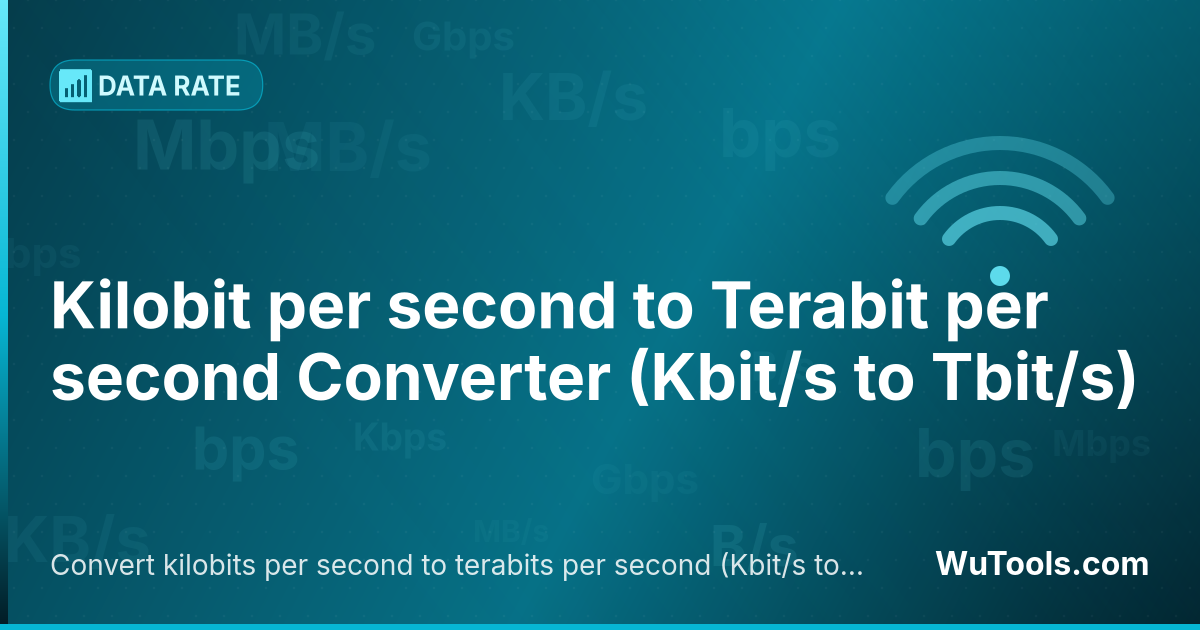 Conversor de Kilobit por segundo para Terabit por segundo — Converta kilobits por segundo para terabits por segundo grátis. 1 Kbit/s = 1e-9 Tbit/s. Conversor preciso com fórmula, e