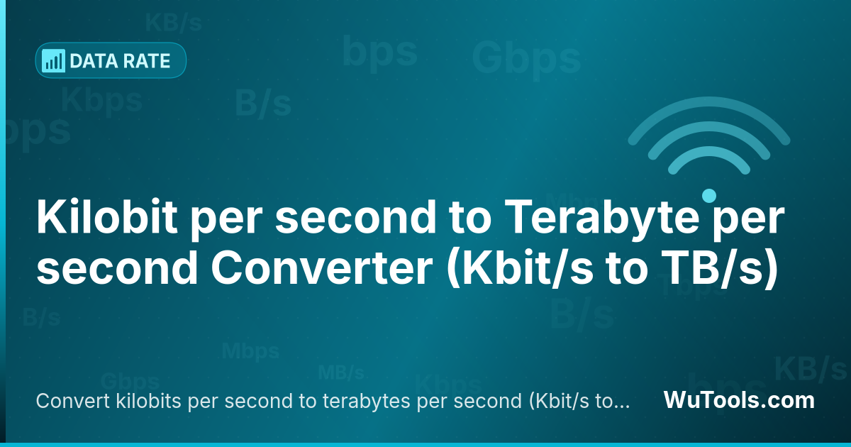 Conversor de Kilobit por segundo para Terabyte por segundo — Converta kilobits por segundo para terabytes por segundo grátis. 1 Kbit/s = 1.25e-10 TB/s. Conversor preciso com fórmula