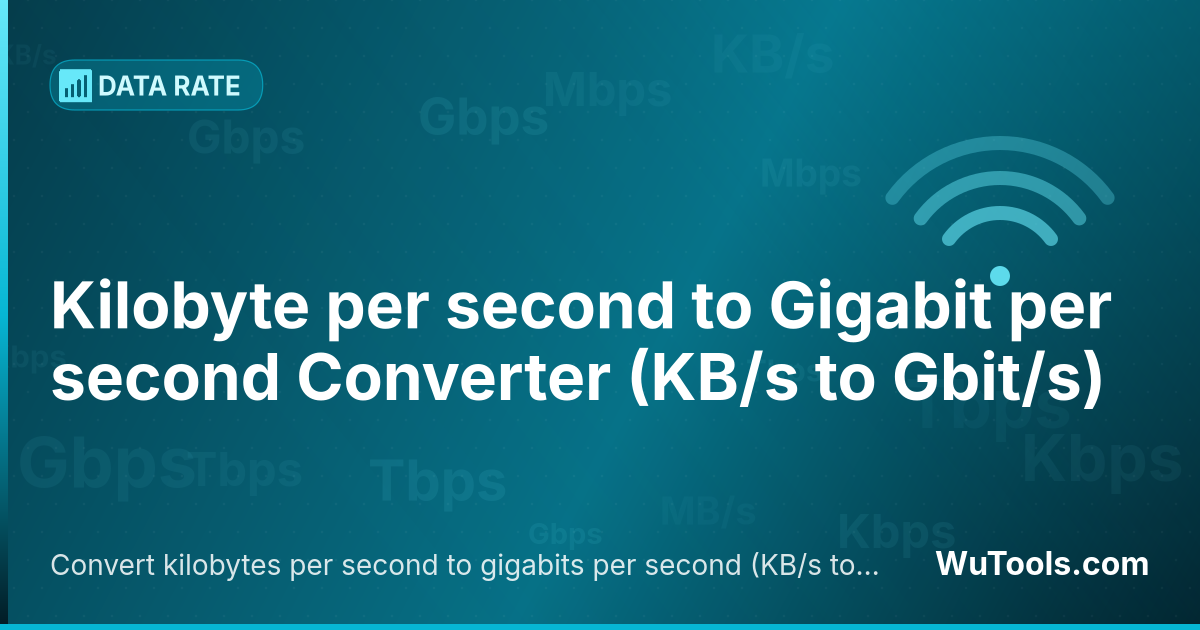 Conversor de Kilobyte por segundo para Gigabit por segundo — Converta kilobytes por segundo para gigabits por segundo grátis. 1 KB/s = 0.000008 Gbit/s. Conversor preciso com fórmula