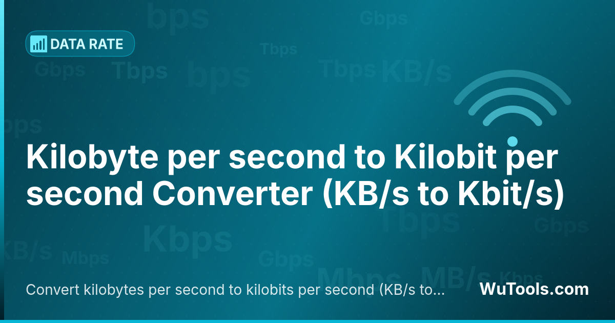 Conversor de Kilobyte por segundo para Kilobit por segundo — Converta kilobytes por segundo para kilobits por segundo grátis. 1 KB/s = 8 Kbit/s. Conversor preciso com fórmula, exemp