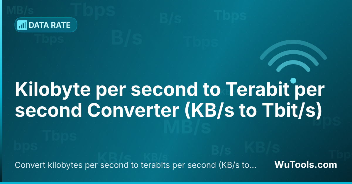 Chuyển đổi Kilobyte trên giây sang Terabit trên giây — Chuyển đổi kilobyte trên giây sang terabit trên giây (KB/s sang Tbit/s) ngay lập tức với công cụ trực tuyến miễn phí. Kế