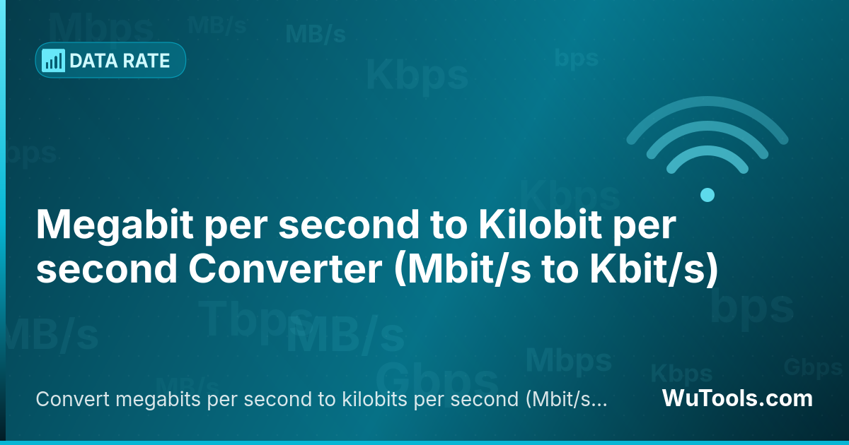 Conversor de Megabit por segundo para Kilobit por segundo — Converta megabits por segundo para kilobits por segundo grátis. 1 Mbit/s = 1000 Kbit/s. Conversor preciso com fórmula, e