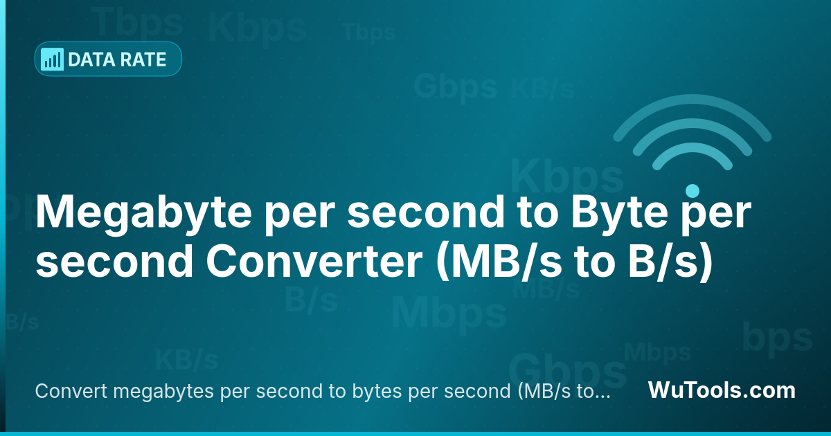 Conversor de Megabyte por segundo para Byte por segundo — Converta megabytes por segundo para bytes por segundo grátis. 1 MB/s = 1,000,000 B/s. Conversor preciso com fórmula, exe